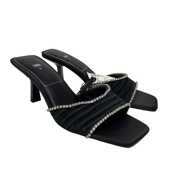 New Zara Crystal Trim Open Square Toe Black Satin Mule Slide Sandals Size 6.5 - Picture 7 of 15